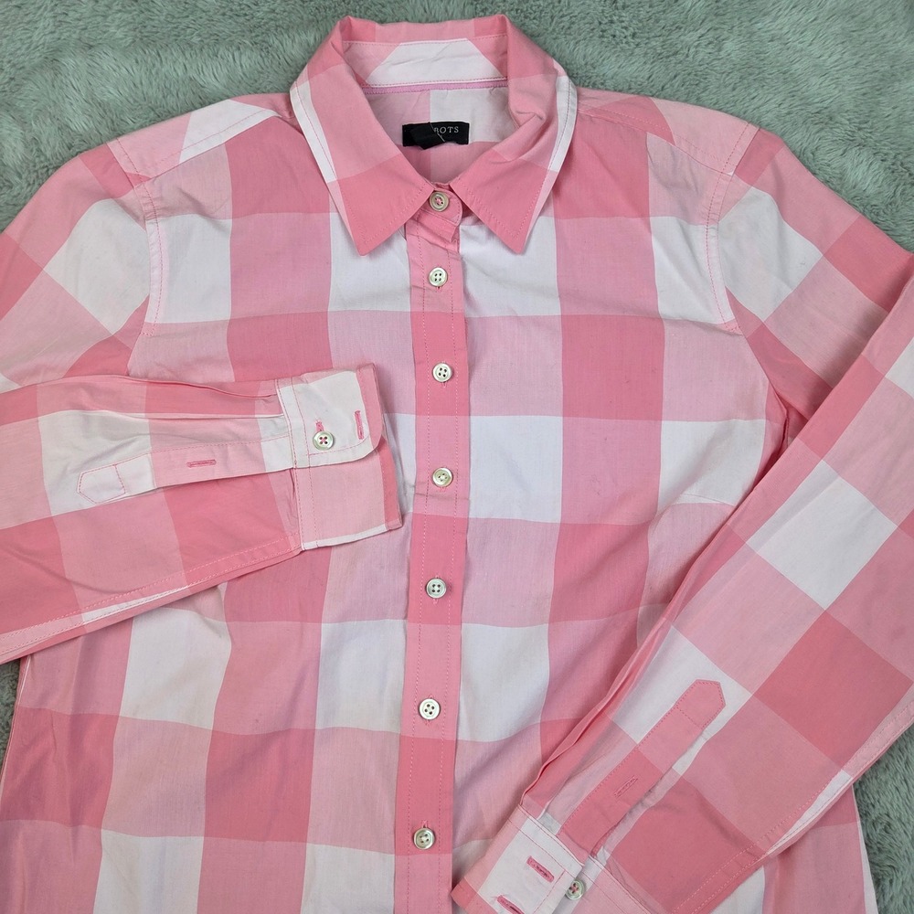 Talbots Buffalo Check Button Down Shirt Womens Sz P Long Sleeve Pink White Top